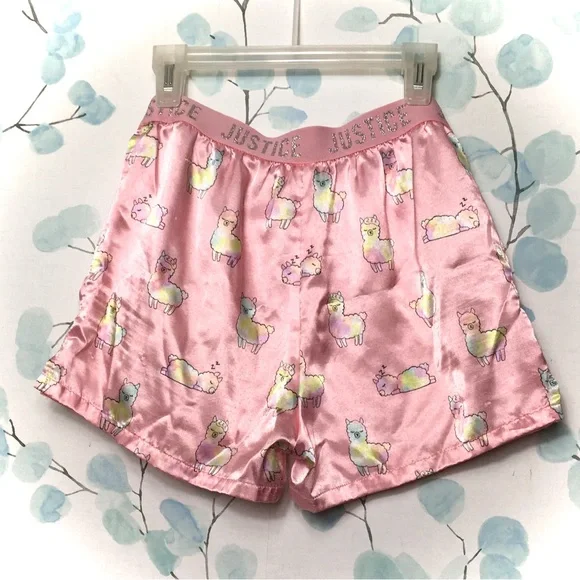 Justice Kids Pink Satin Shorts Rainbow Blue Yellow Sleeping Llama Pajama Bottoms - Picture 4 of 6